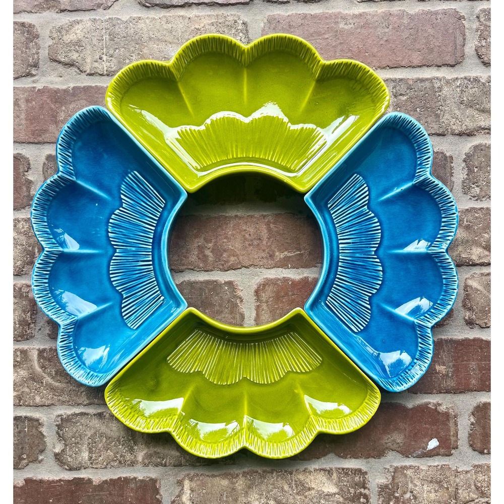 Vintage MCM 1960s California USA Pottery Relish Dishes Green and Blue Set of 4